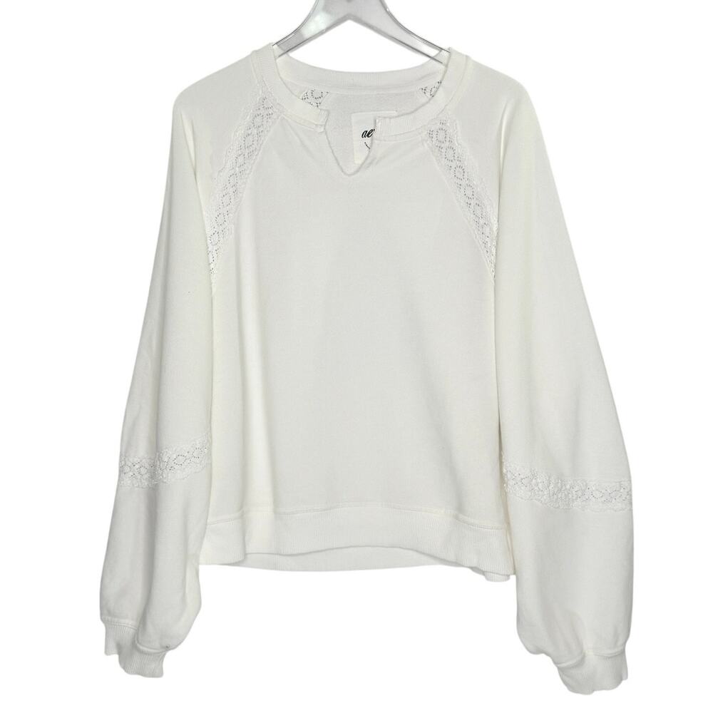 Aerie Womens Hey Crochet Sweatshirt L White Oversized Feminine Lace Detail